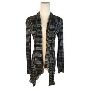 Staples Black Gray Stripe Open Front Waterfall Cardigan Sheer Top Small